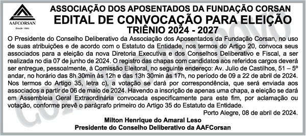 AAFCorsan publica edital de convocação para eleições para nova diretoria 2024-2027