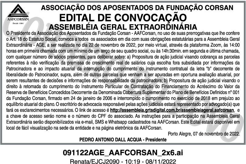 AAFCorsan convoca Assembleia Geral Extraordinária para o próximo dia 22