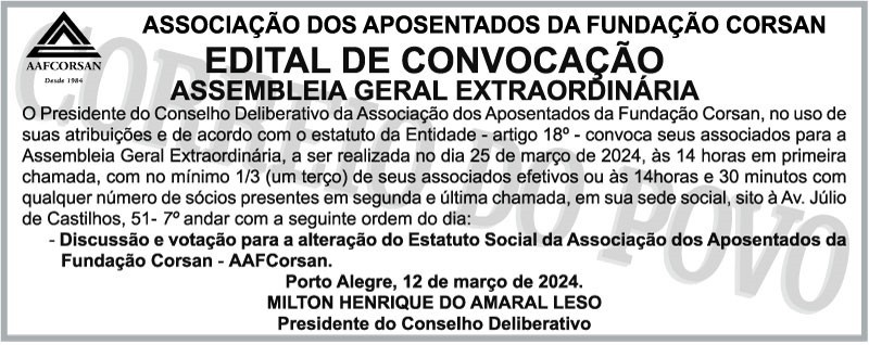 Edital no Correio do Povo convoca para Assembleia Geral Extraordinária da AAFCorsan