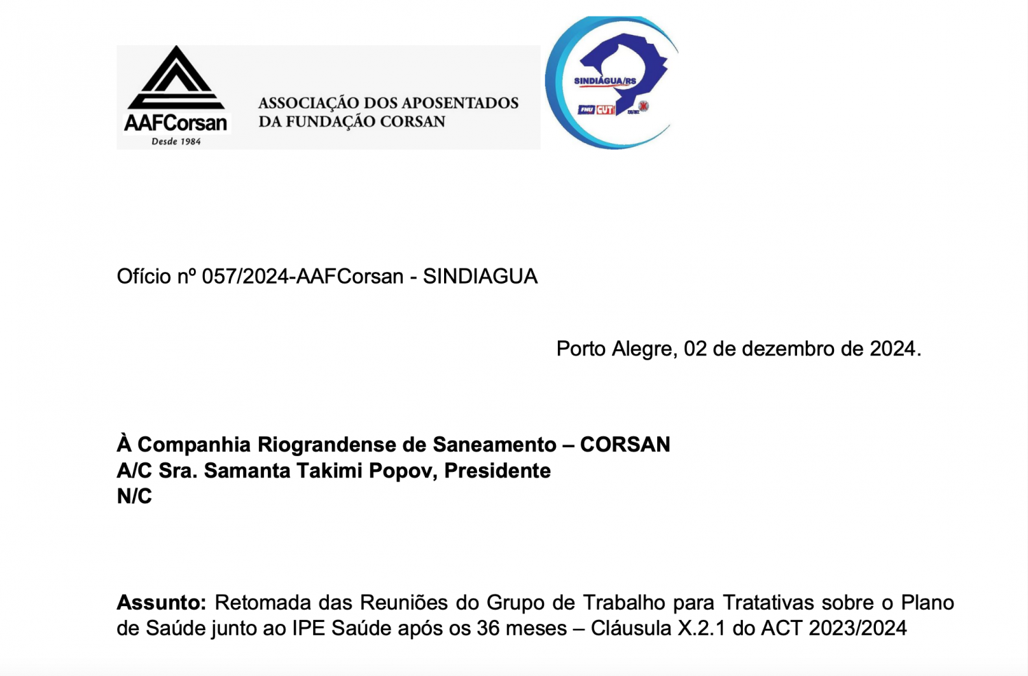 AAFCorsan reforça a necessidade da retomada de discussões sobre o plano de saúde com a Corsan