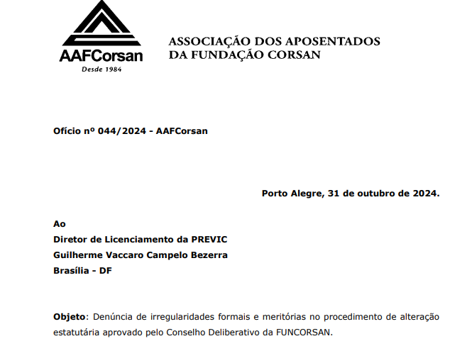 AAFCorsan denuncia alterações estatutárias da FUNCORSAN à PREVIC e reafirma defesa dos direitos dos associados