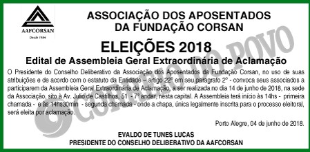 ELEIÇÕES 2018  Edital de Assembleia Geral Extraordinária de Aclamação