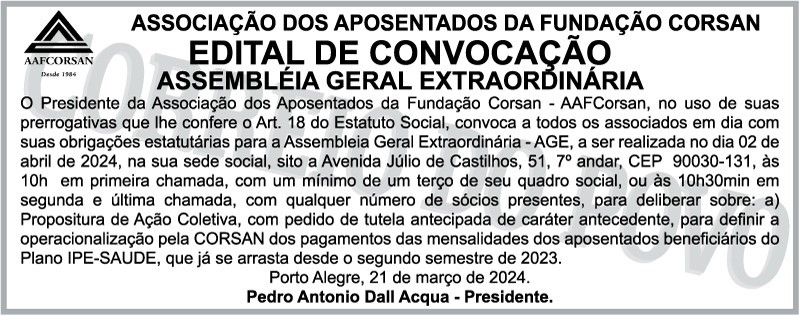 Edital no Correio do Povo convoca para nova Assembleia Geral Extraordinária da AAFCorsan