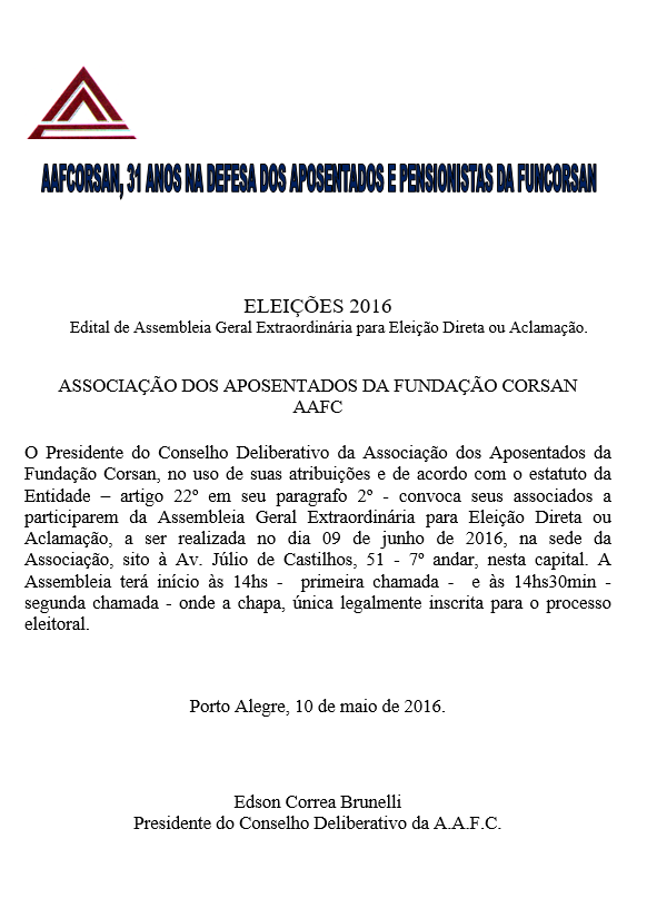 Eleições AAFCorsan: Confira edital para Assembleia Geral no próximo dia 9