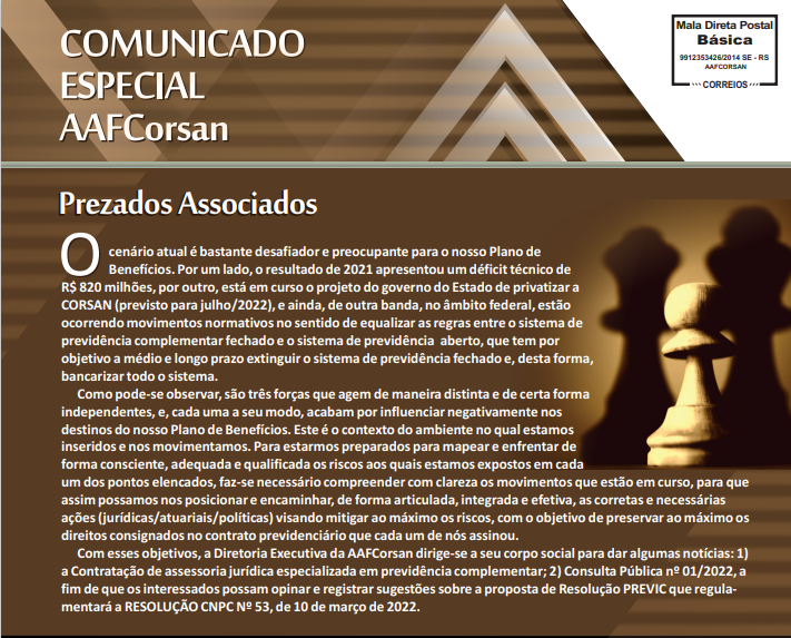 AAFCorsan divulga comunicado especial a associados