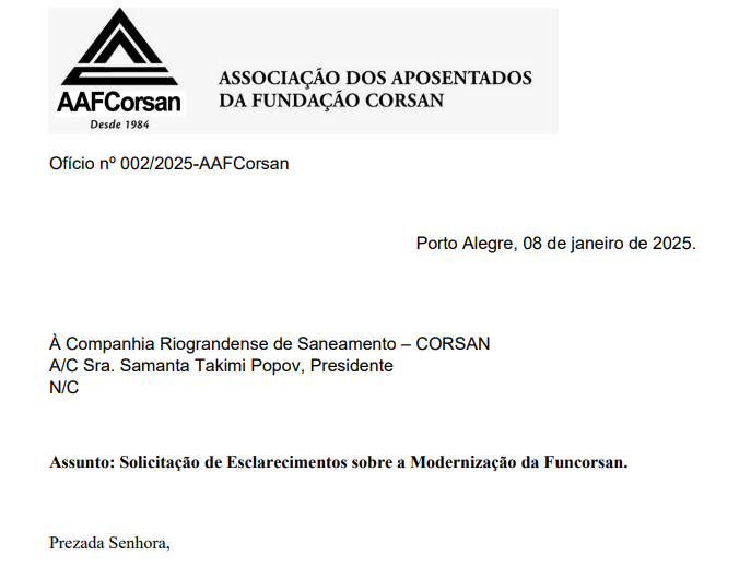 AAFCorsan solicita esclarecimentos à Corsan sobre a modernização da Funcorsan